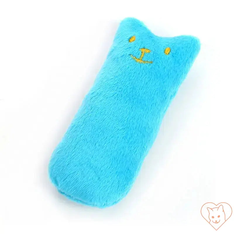 Blue plush cat chew toy with a smiling face, designed for dental health and interactive feline play.