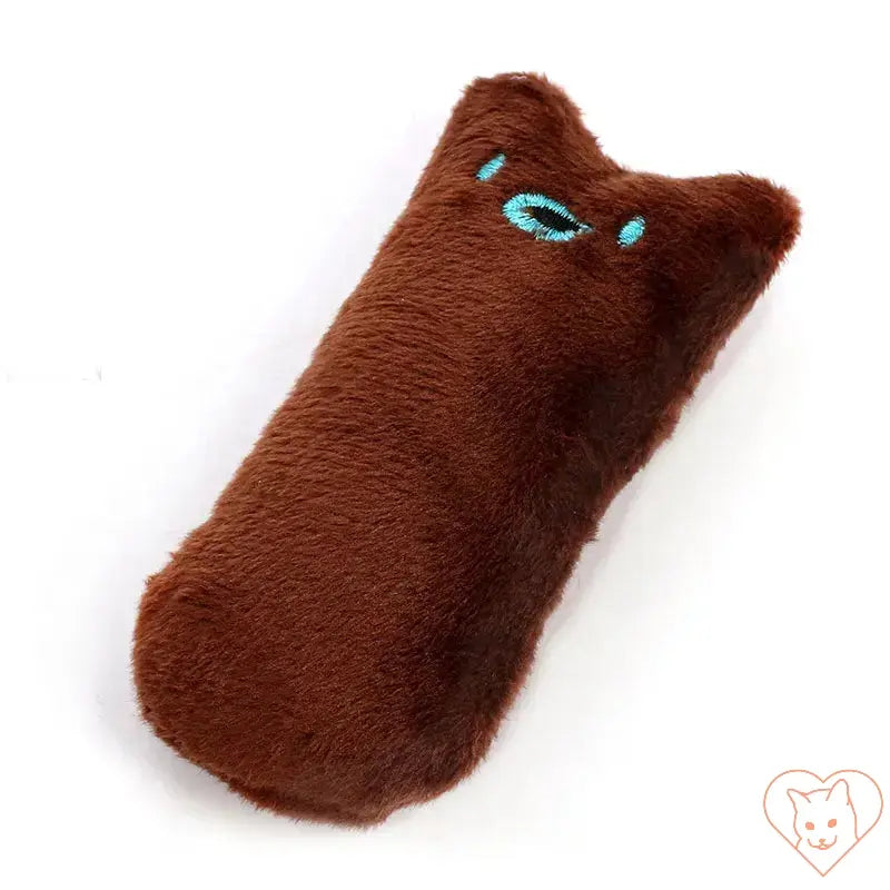 Brown plush catnip chew toy designed for dental health and interactive play for cats.