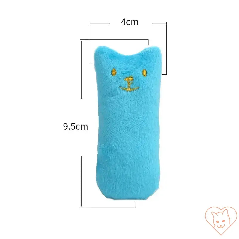 Teeth Grinding Catnip Chew Toy - Interactive Plush, blue pillow-shaped toy with cat face, 9.5cm x 4cm dimensions.