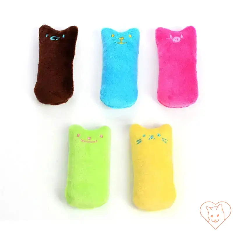 Colorful plush catnip chew toys in various shapes, promoting dental health and interactive play for cats.