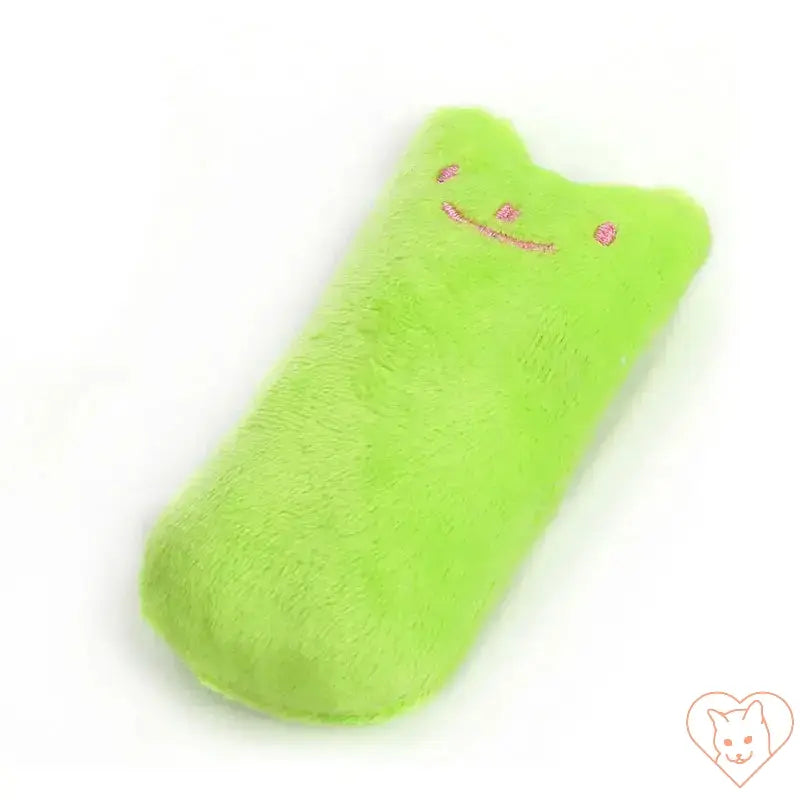 Interactive plush cat chew toy in bright green, designed for teeth grinding and infused with catnip for feline fun.