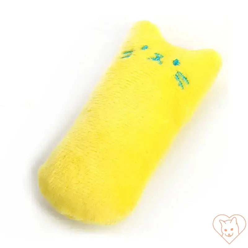 Yellow catnip chew toy for cats, designed for interactive play and dental health.