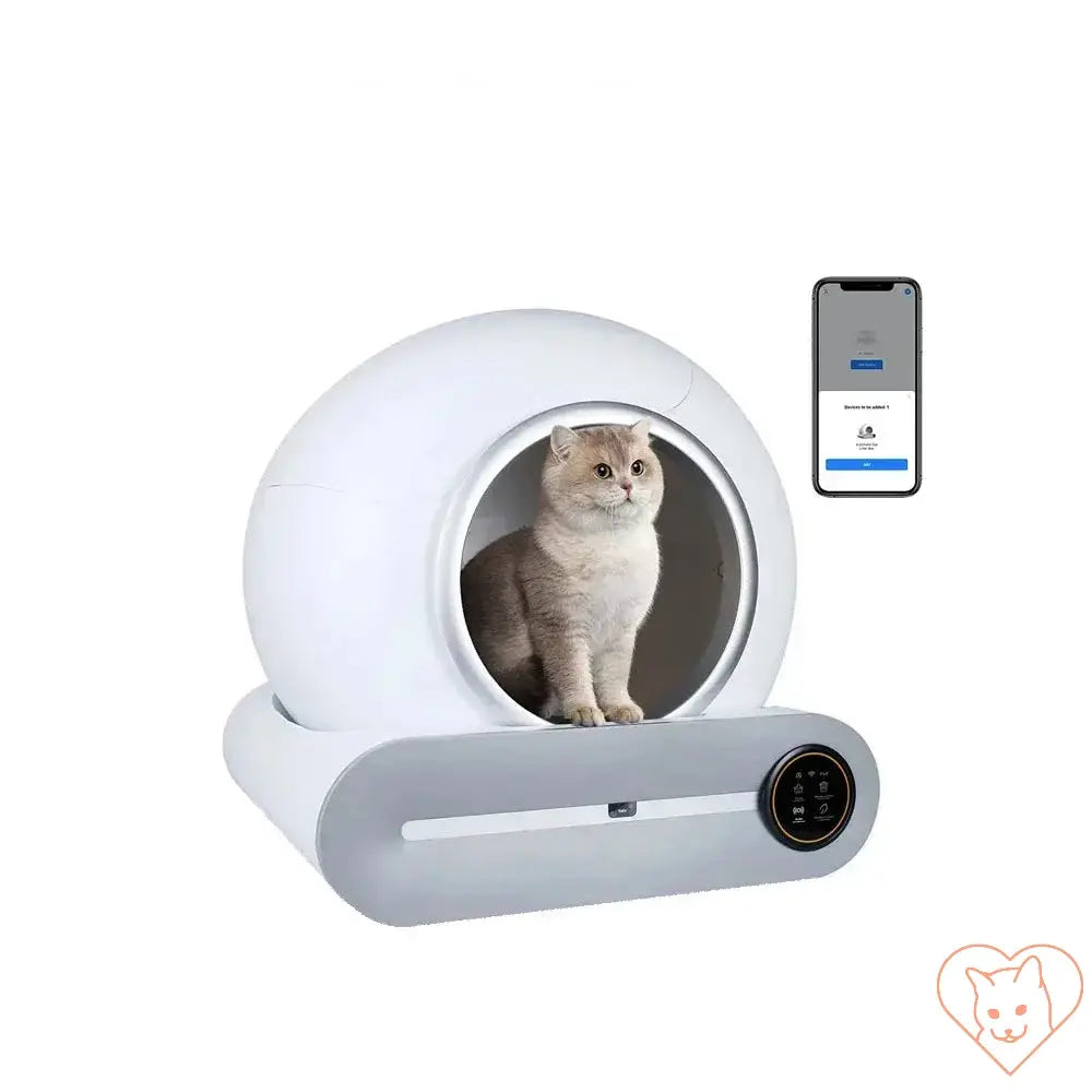 Tonepie 65L Automatic Smart Cat Litter Box with cat inside and smartphone app control, showcasing hands-free cleaning.