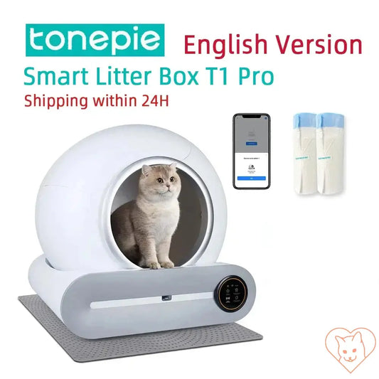 Tonepie Smart Litter Box T1 Pro with cat, app control, and accessories, promoting easy litter maintenance.