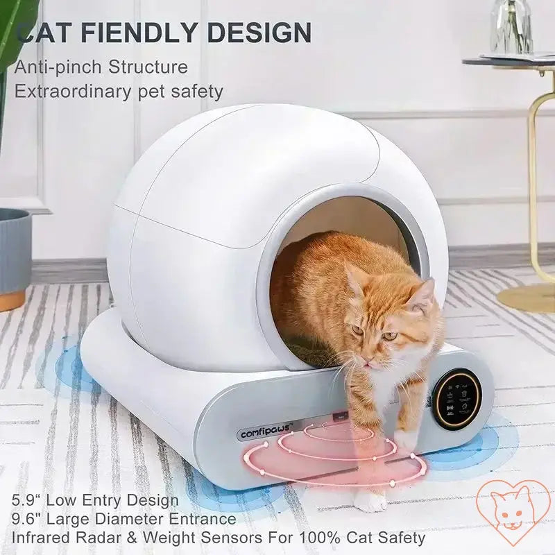 Tonepie 65L Smart Cat Litter Box with anti-pinch design ensures safety for cats, featuring a low entry and large diameter entrance.