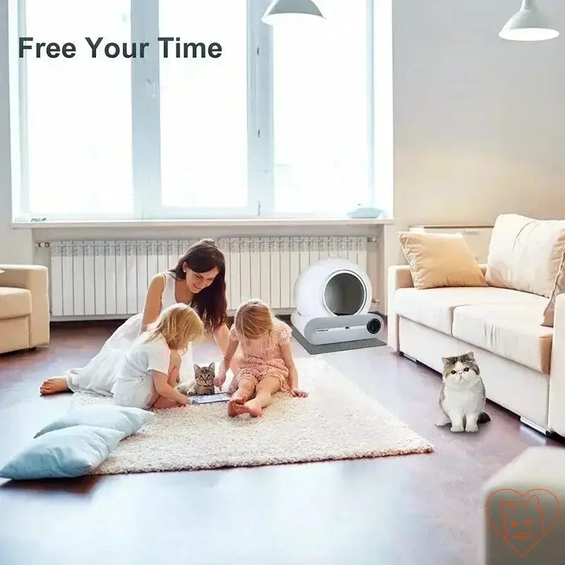 Family enjoying time together with Tonepie 65L Automatic Smart Cat Litter Box in a cozy living room.