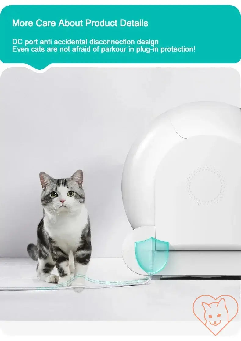 Cat next to the Tonepie 65L Smart Cat Litter Box showcasing its safe DC port design and protection features.