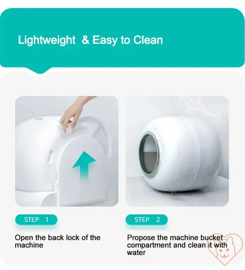 Instructions for cleaning the lightweight Tonepie cat litter box, showing opening and washing steps.