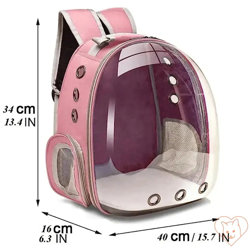 Transparent capsule cat carrier backpack dimensions in pink, breathable design for small pets.