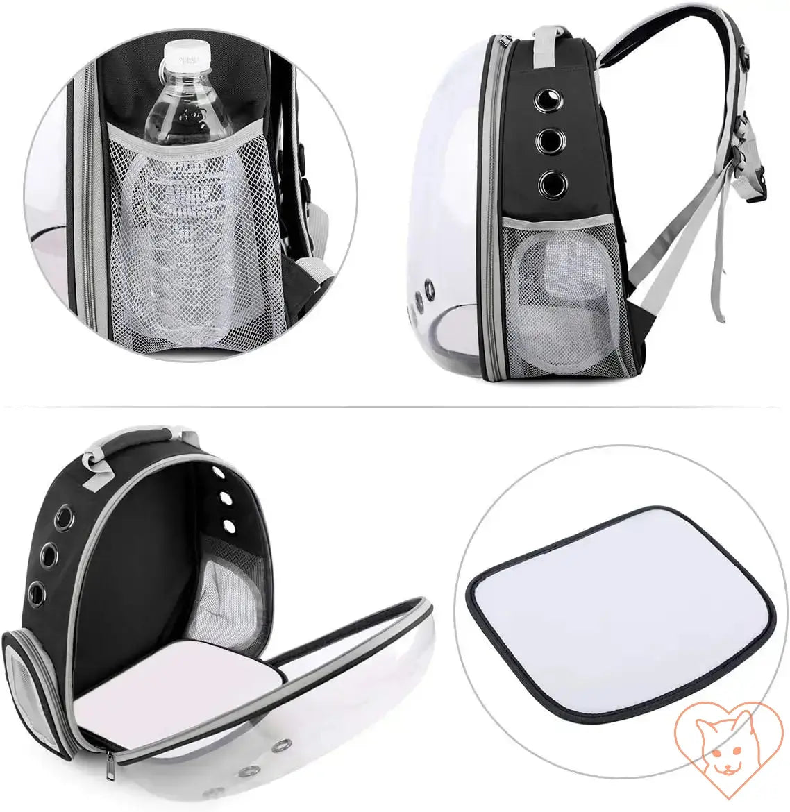 Transparent Capsule Cat Carrier Backpack showing mesh pockets and removable bottom for easy cleaning.