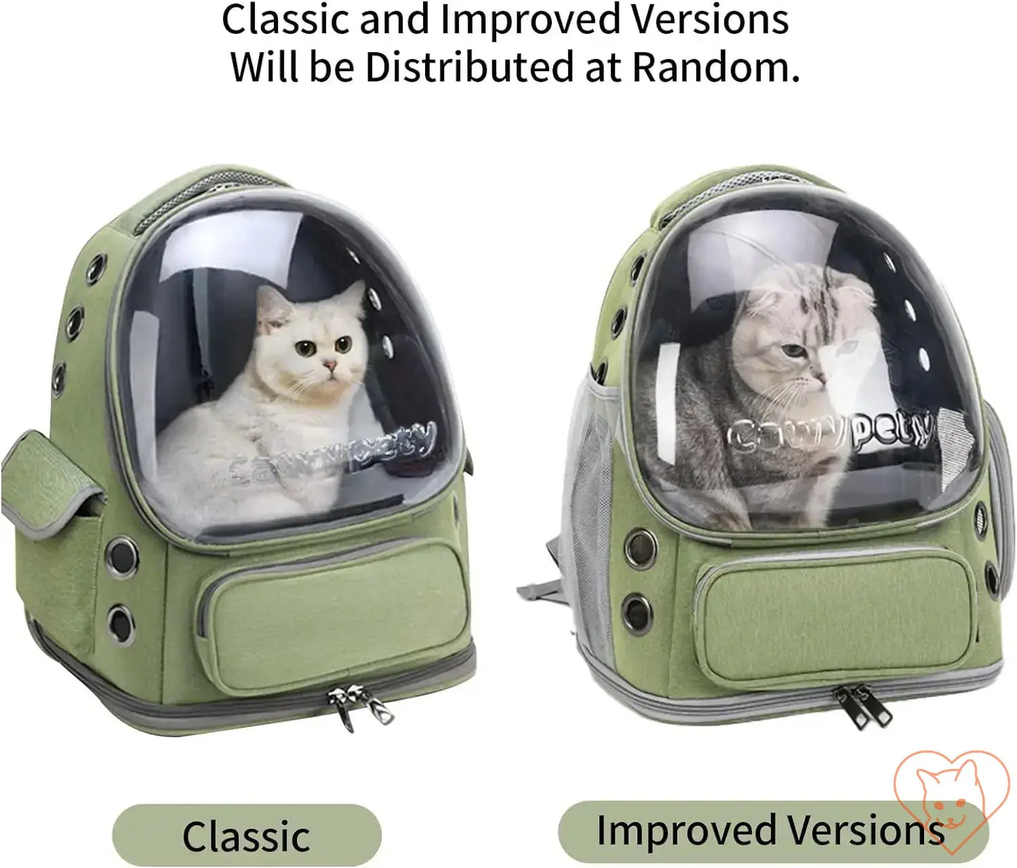 Two versions of Transparent Folding Pet Carrier Backpack with cats inside, showcasing classic and improved styles.