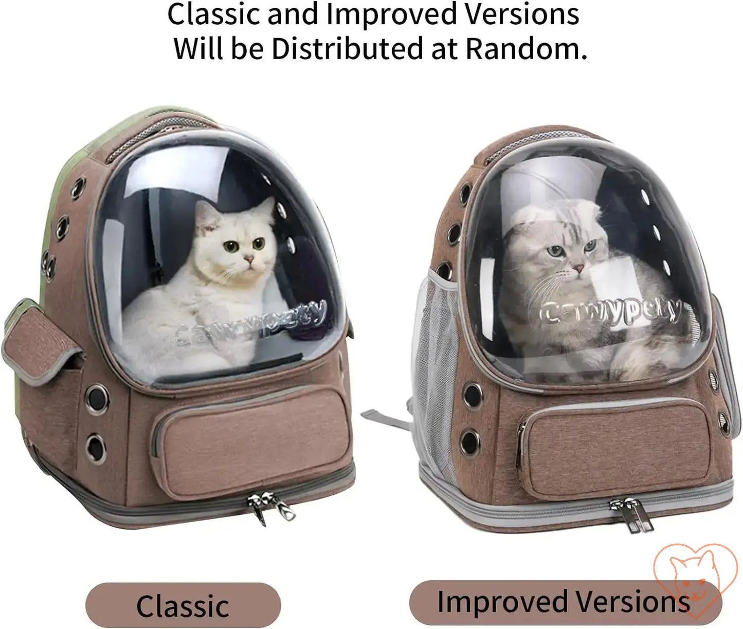 Transparent folding pet carrier backpack for cats, showcasing classic and improved designs with clear front panels.