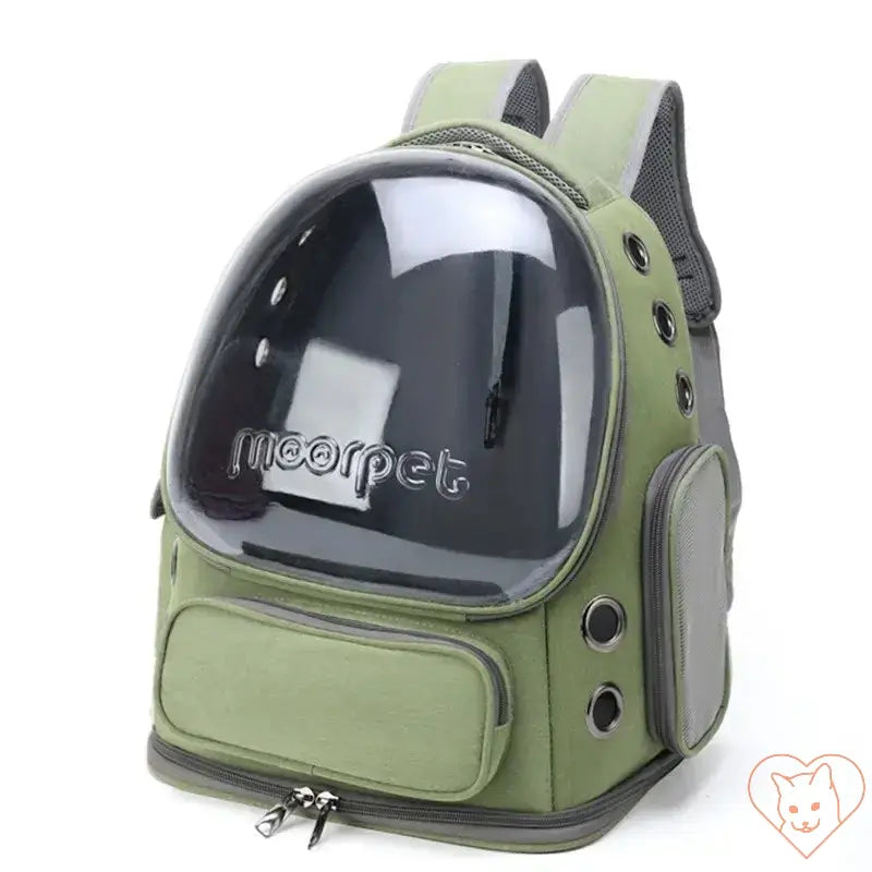 Transparent Folding Pet Carrier Backpack for cats, featuring clear front panel and durable design in green.