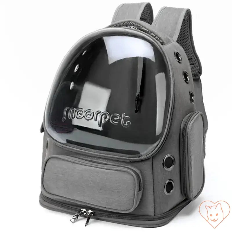 Transparent Folding Pet Carrier Backpack, grey, features clear front panel, ideal for traveling with pets.