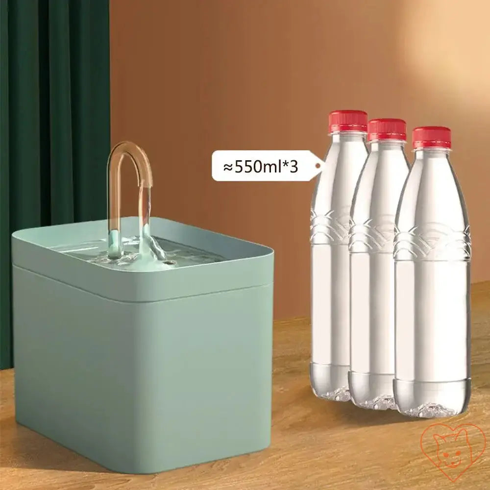 Ultra-Quiet 1.5L Cat Water Fountain with water stream and three 550ml bottles for reference.