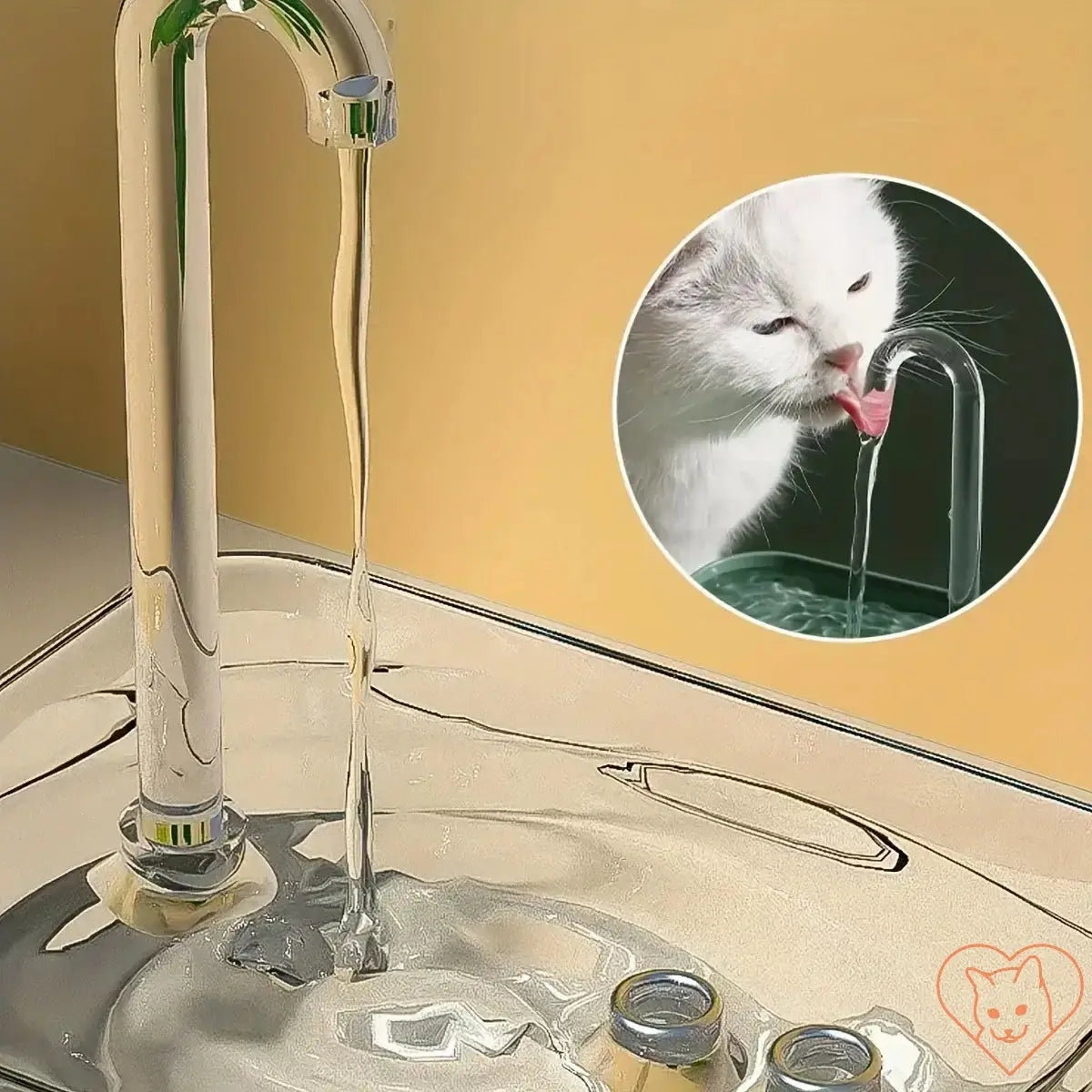 A sleek cat water fountain dispensing fresh water, showing a cat drinking from a water source.