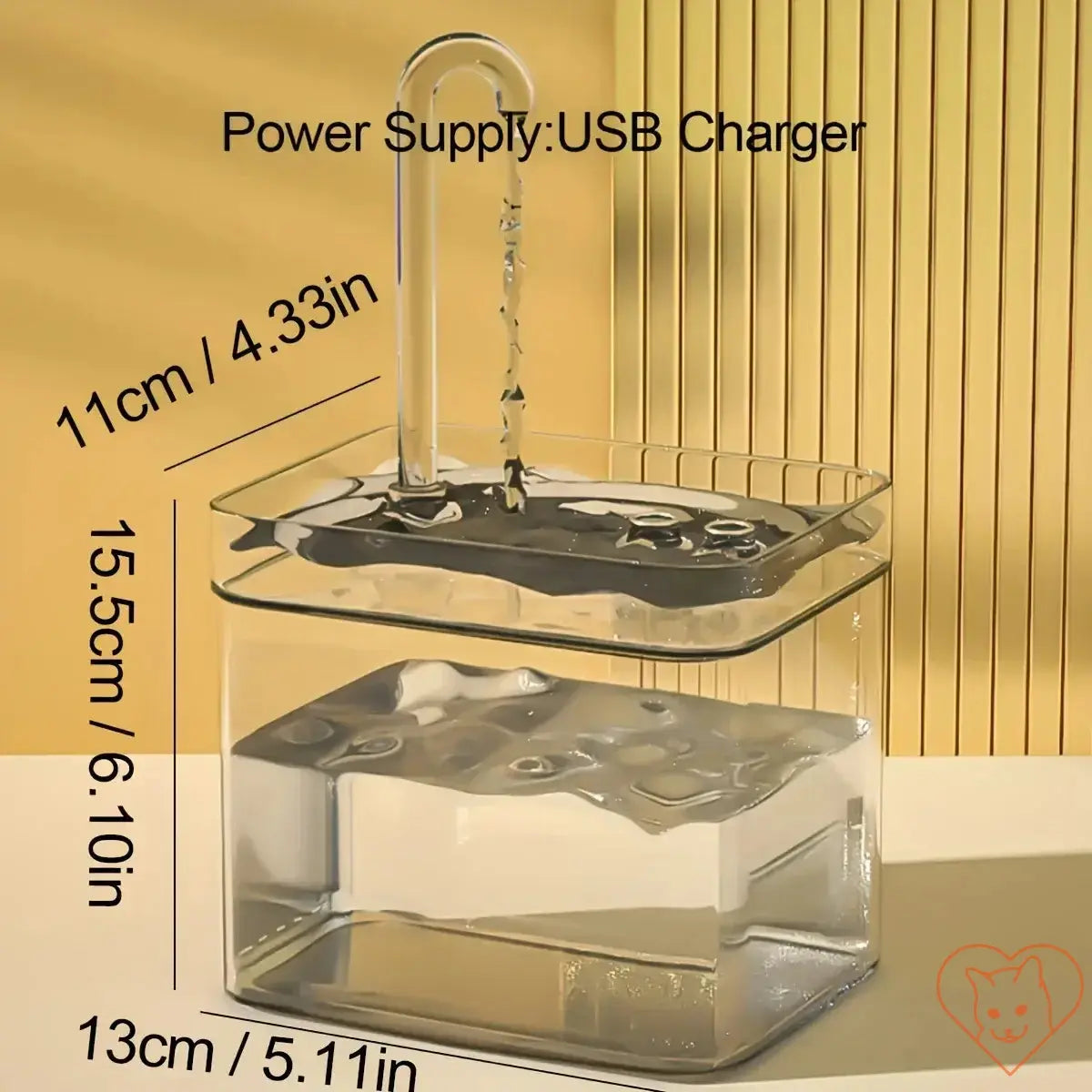 Ultra-Quiet 1.5L Cat Water Fountain showing USB charger power supply and dimensions for easy reference.