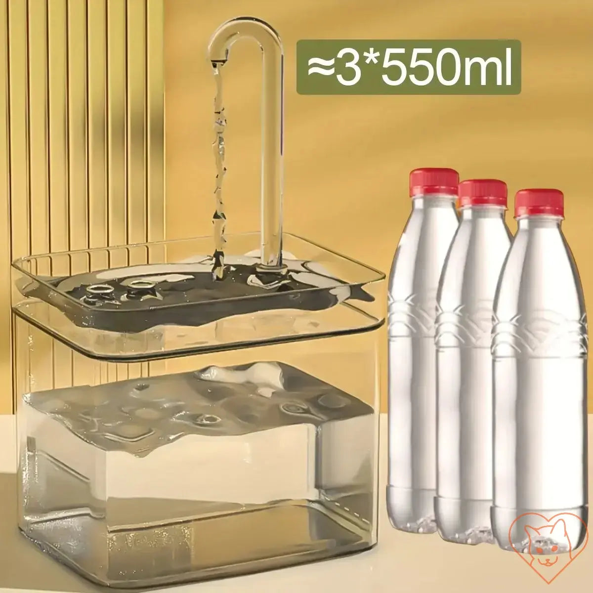 Ultra-Quiet 1.5L cat water fountain showing water flow and capacity equal to three 550ml bottles.