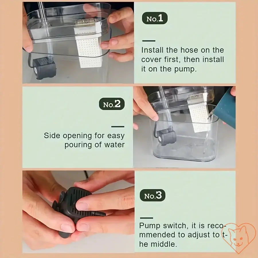 Step-by-step installation guide for the Ultra-Quiet 1.5L Cat Water Fountain parts.