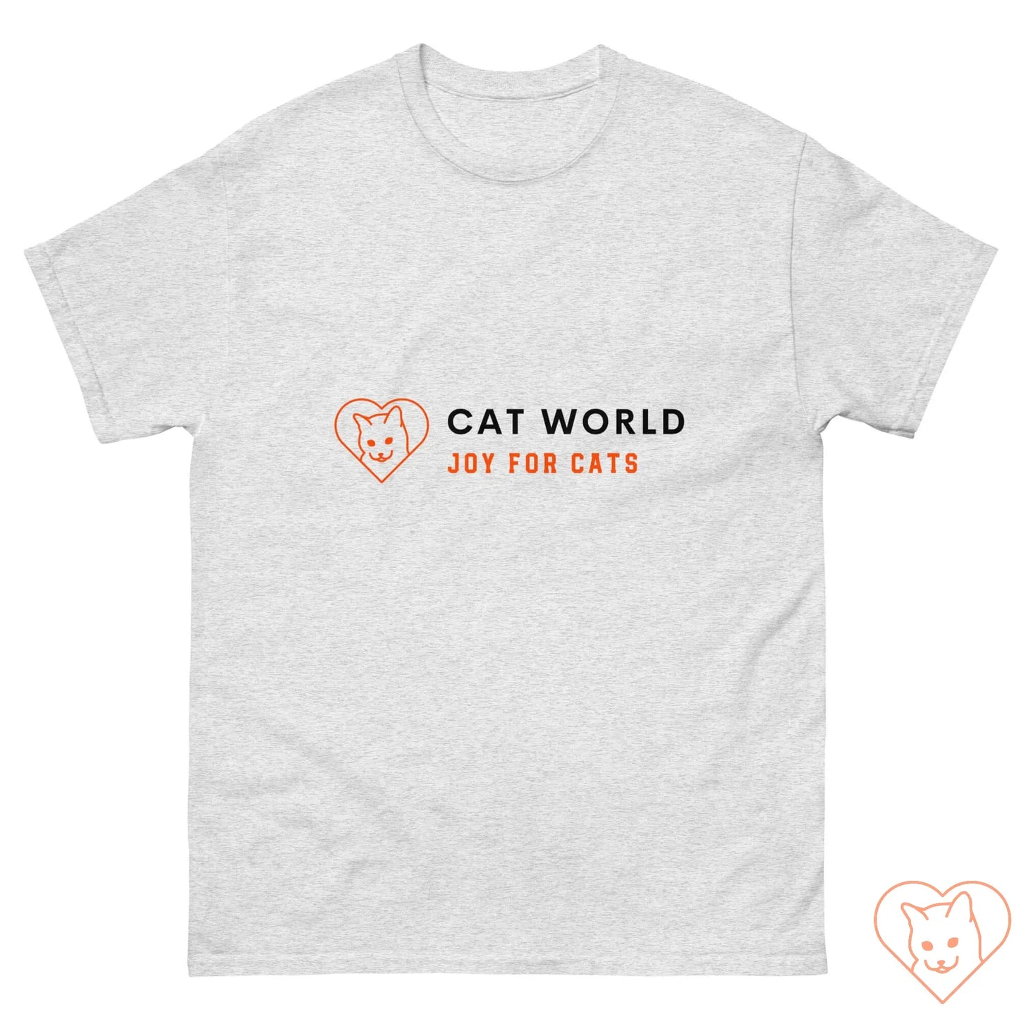 Unisex Classic Tee in gray featuring Cat World logo with heart and "Joy for Cats" text. Perfect for cat lovers.