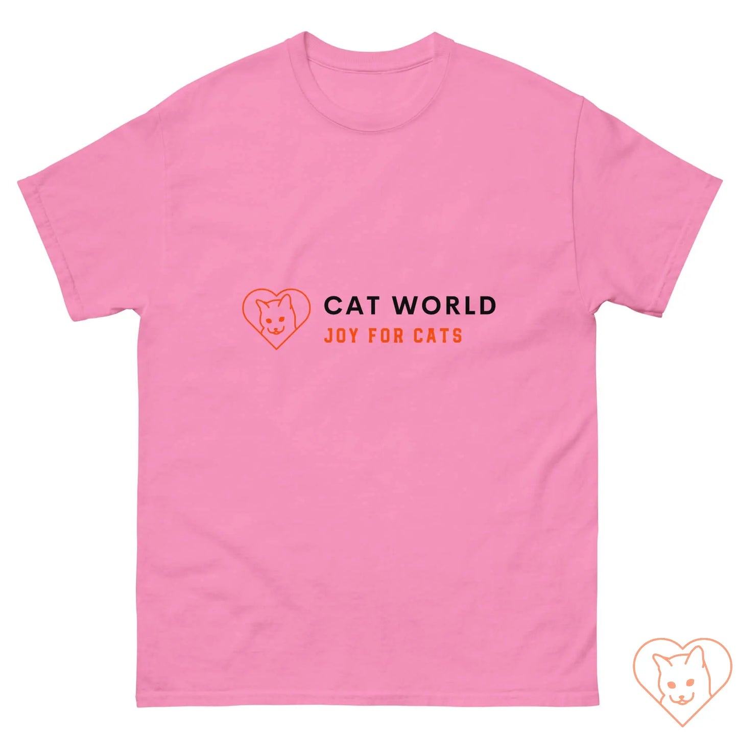 Unisex pink classic tee featuring Cat World logo, designed for cat lovers and casual style.