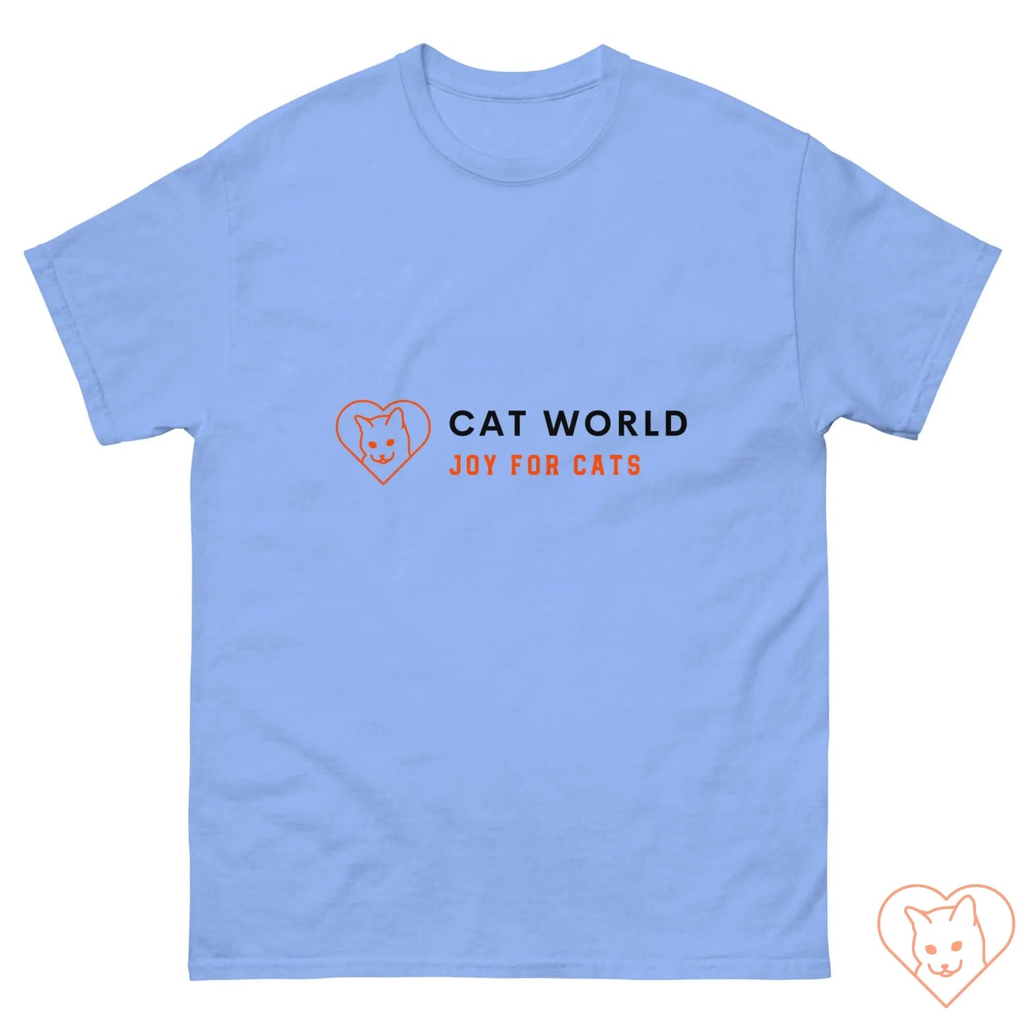 Unisex classic blue tee featuring Cat World logo with heart and "Joy for Cats" text, perfect for cat lovers.