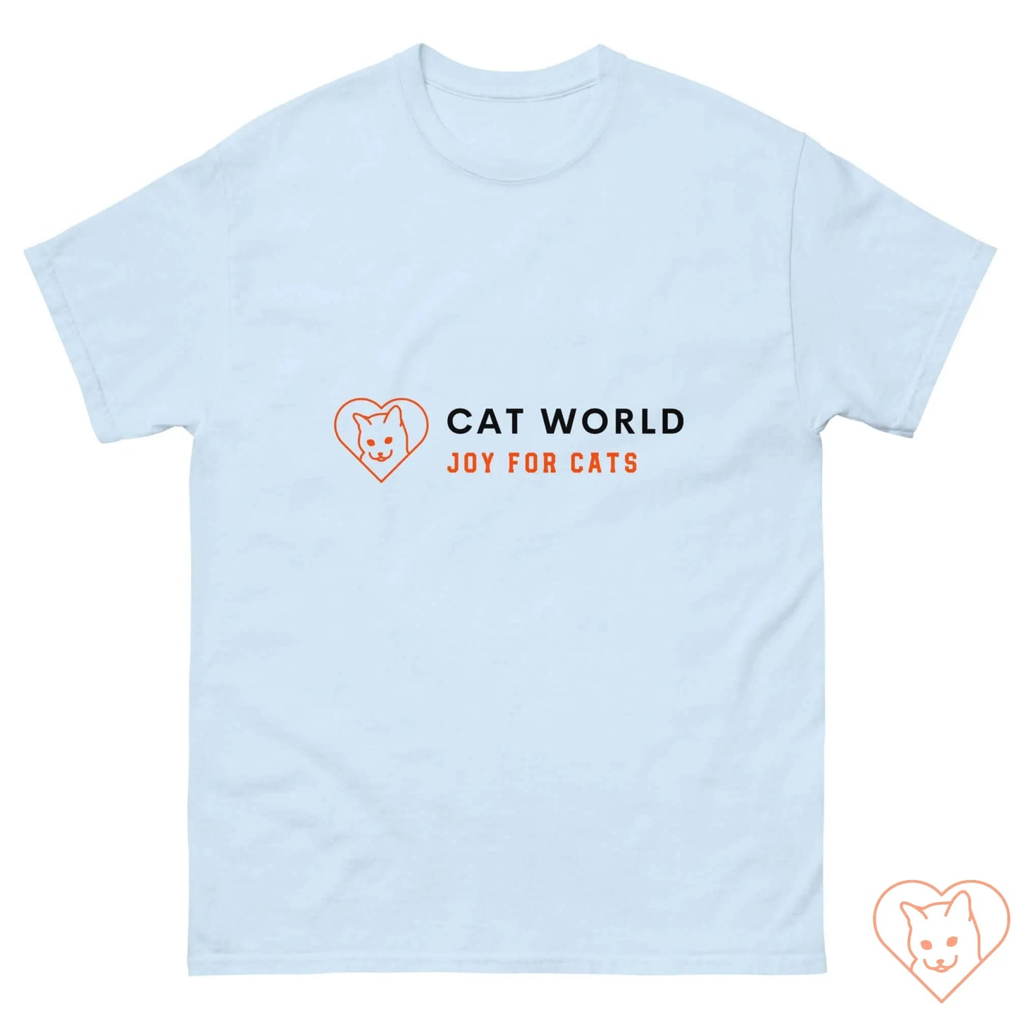 Unisex classic tee in light blue with Cat World logo and text "Joy for Cats" for cat lovers.