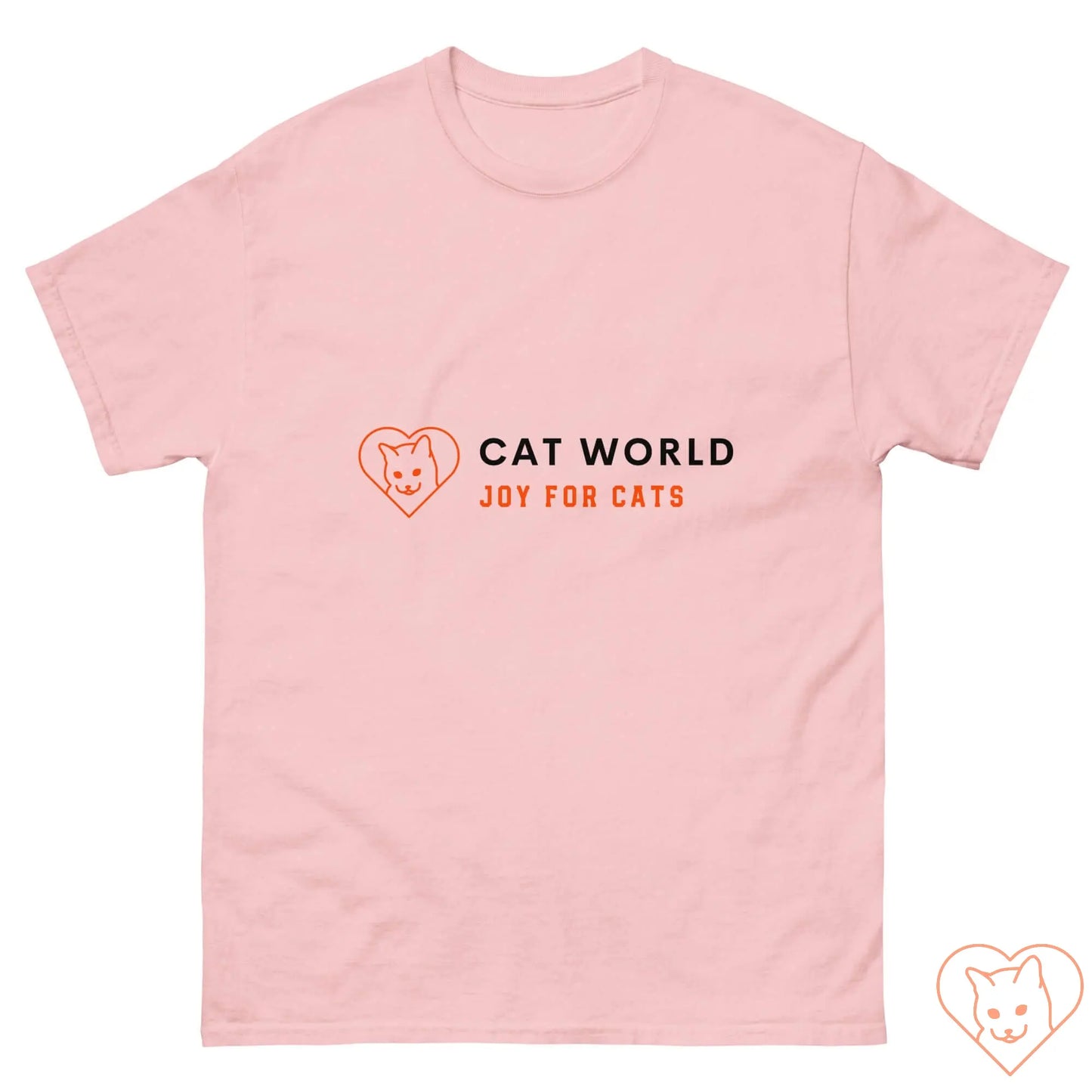 Unisex pink classic tee featuring Cat World logo and "Joy for Cats" tagline, perfect for cat lovers.