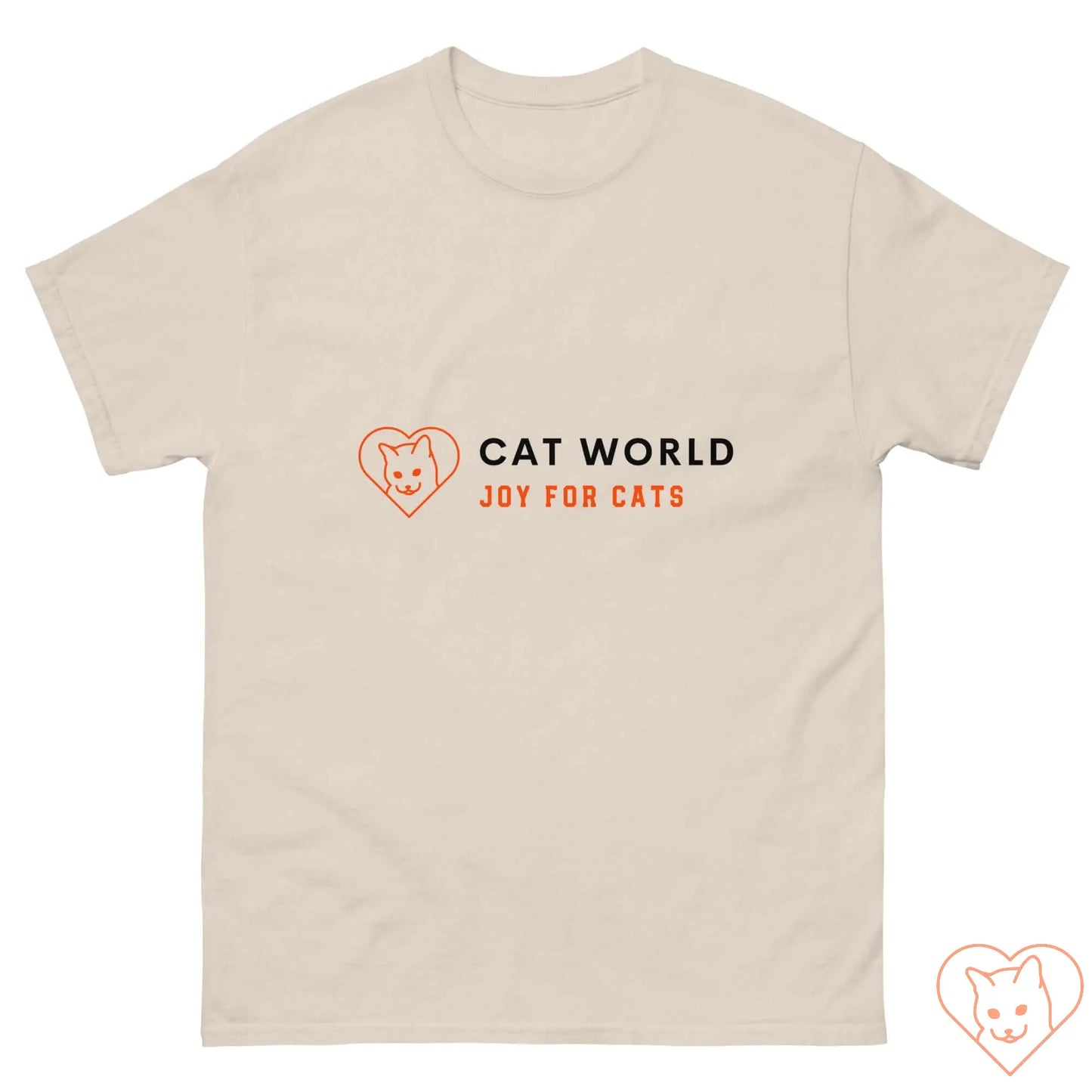 Unisex Classic Tee featuring Cat World logo with heart design, perfect for cat lovers and casual wear.