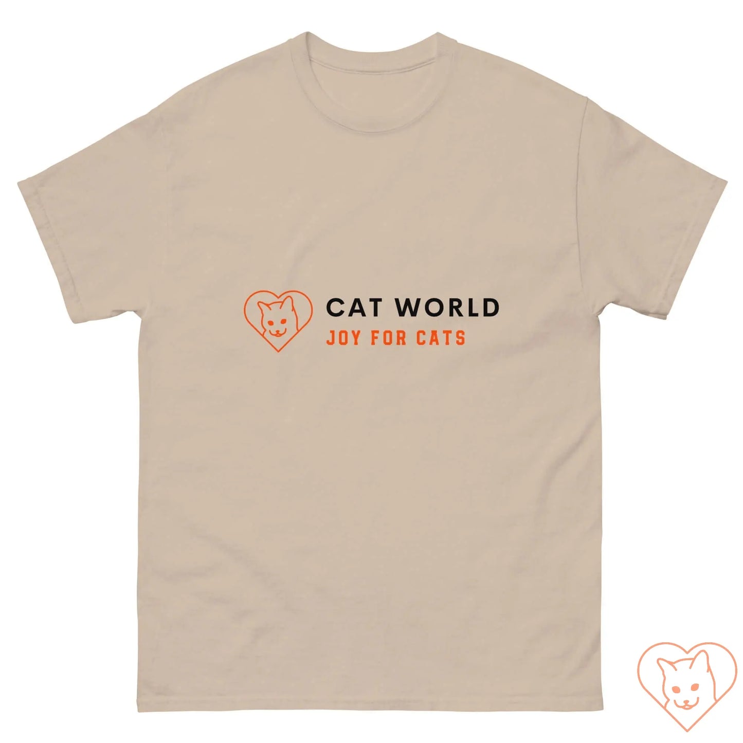 Unisex classic tee in beige featuring Cat World logo with heart design, perfect for cat lovers.