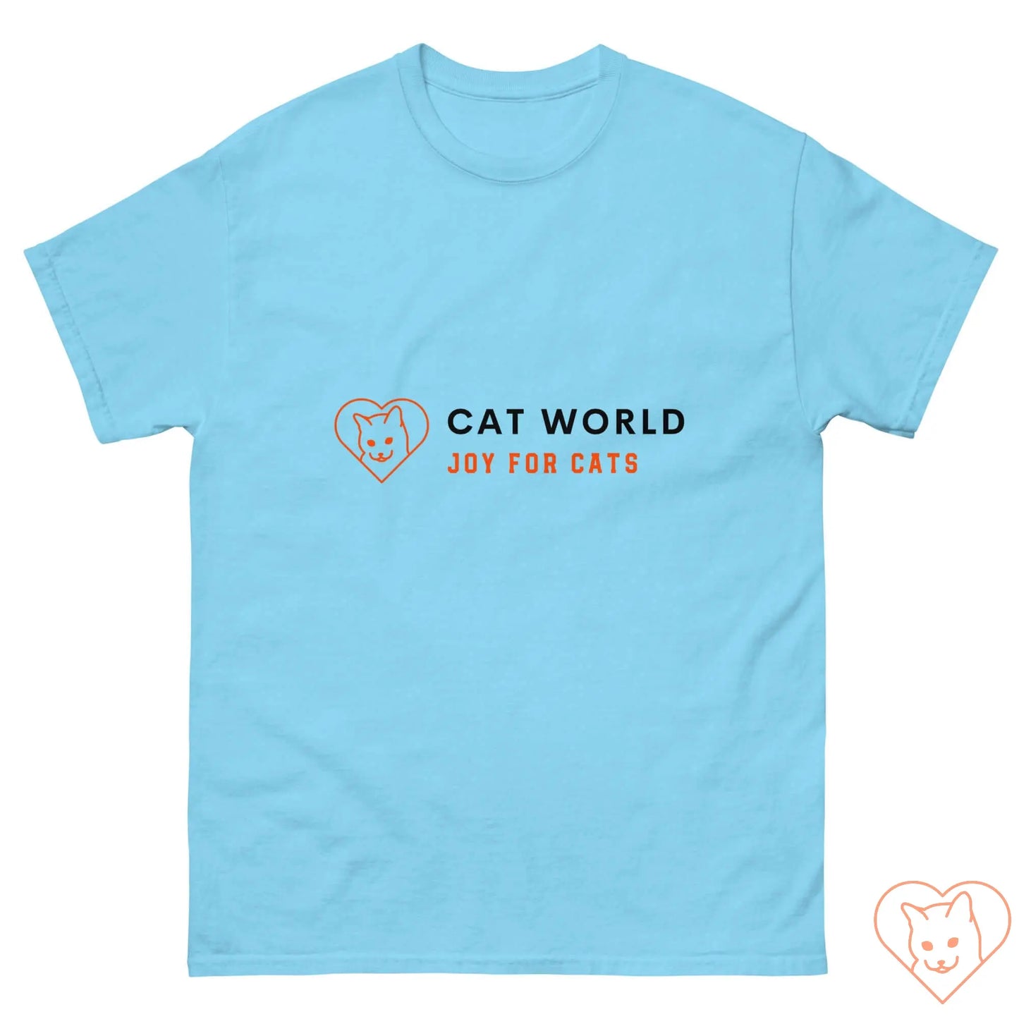 Light blue unisex classic tee featuring Cat World logo with heart and "Joy for Cats" text. Perfect for cat lovers!