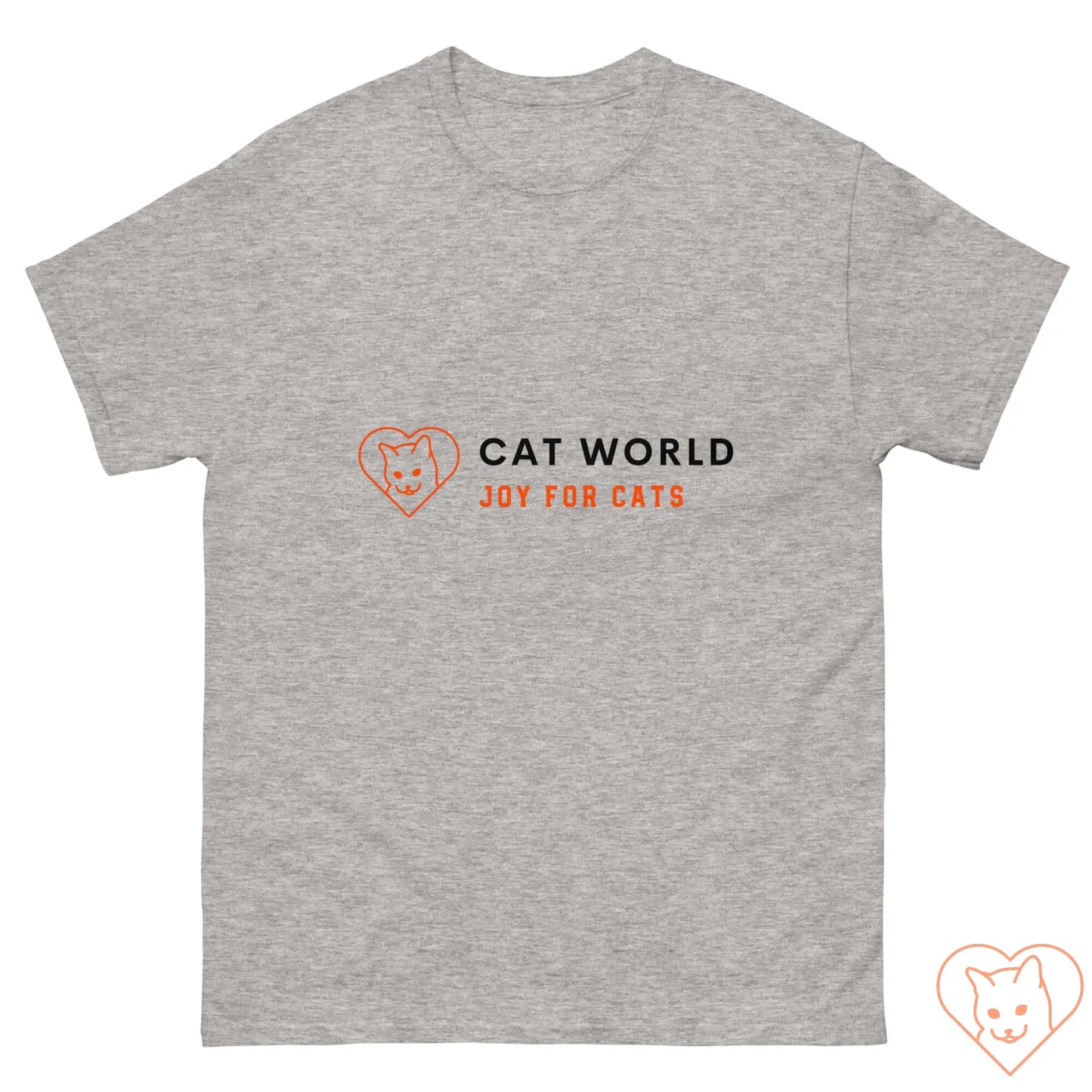 Unisex Classic Tee with Cat World Logo, featuring a heart design and the text "Joy for Cats" on a gray background.