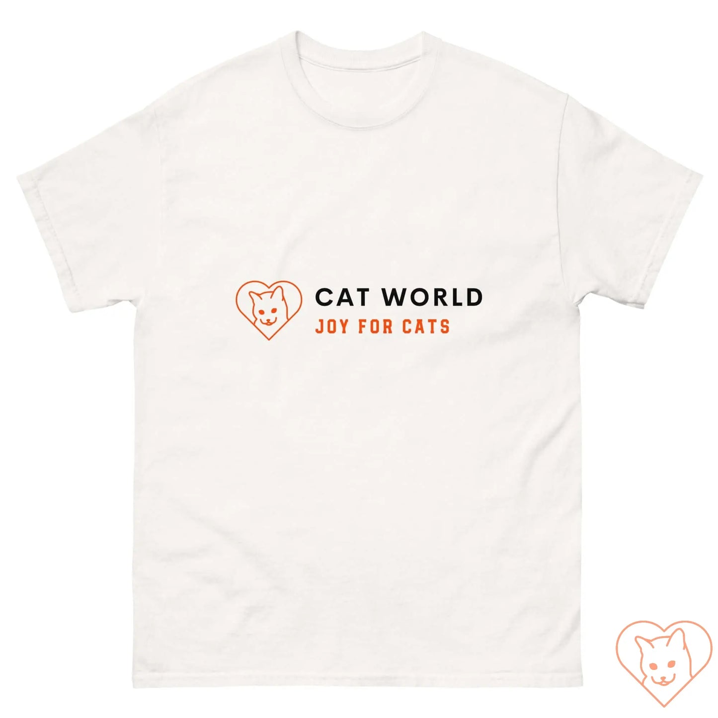 Unisex Classic Tee featuring Cat World logo, white cotton t-shirt with graphic text "Joy for Cats."