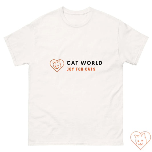 Unisex Classic Tee featuring Cat World logo, white cotton t-shirt with graphic text "Joy for Cats."