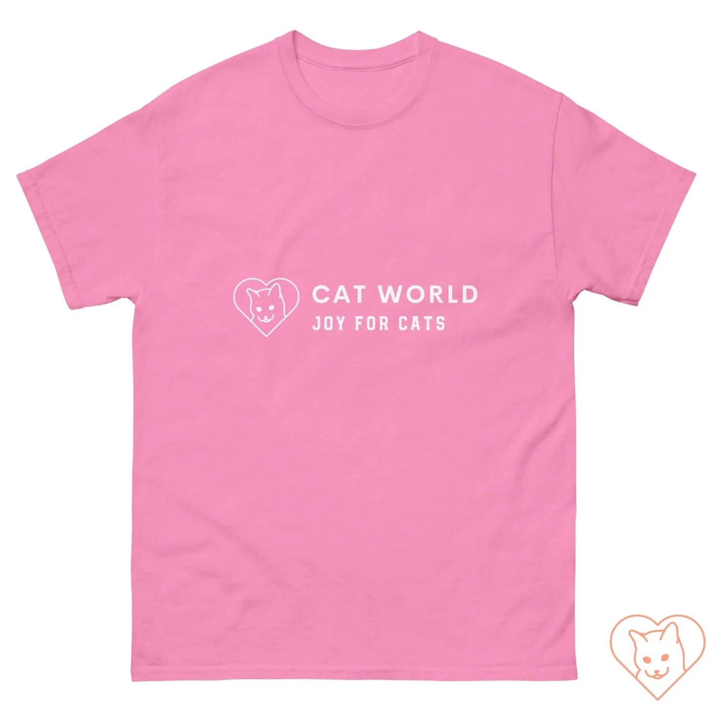 Unisex pink classic tee featuring White Cat World logo and the phrase "Joy for Cats" printed on the front.