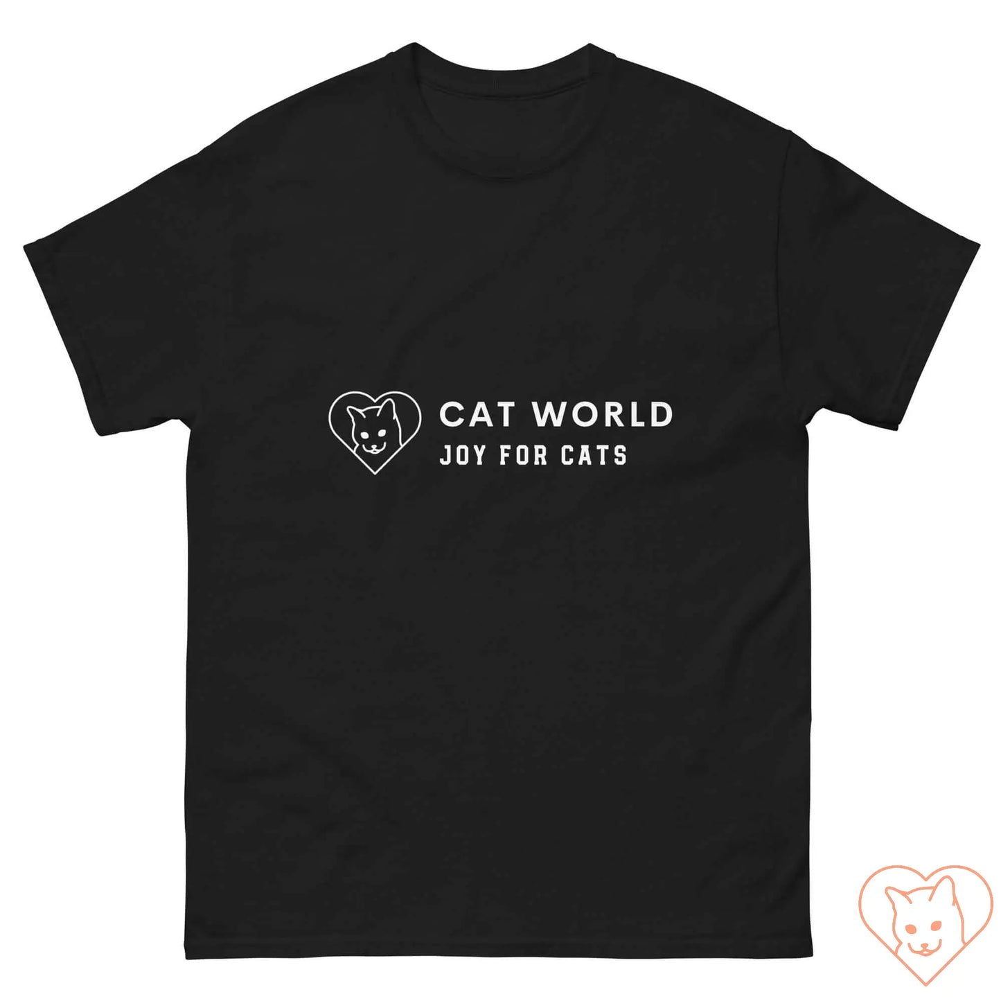 Unisex Classic Tee in black with White Cat World logo and slogan "Joy for Cats" displayed on the front.