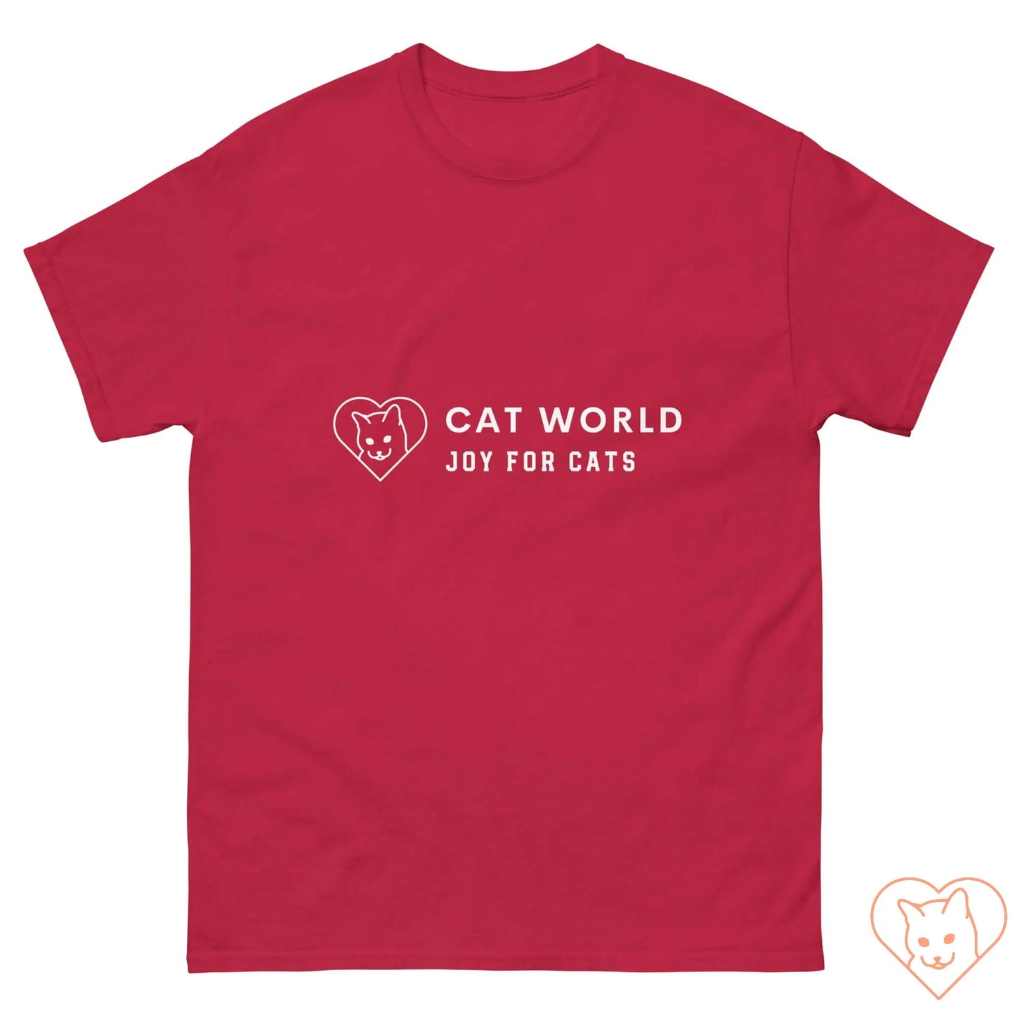 Red t-shirt featuring 'Cat World' logo with heart and text 'Joy for Cats', perfect for cat lovers.