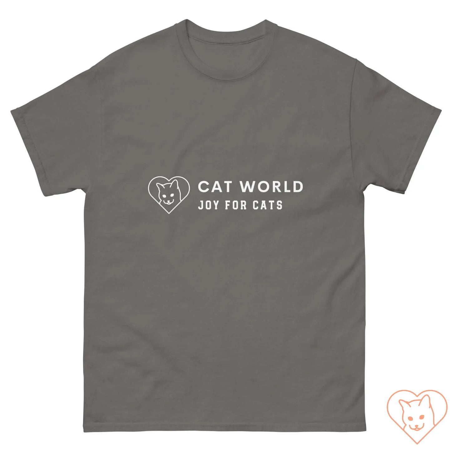 Unisex Classic Tee in gray featuring White Cat World logo and text "Joy for Cats" on the front. Perfect for cat lovers.