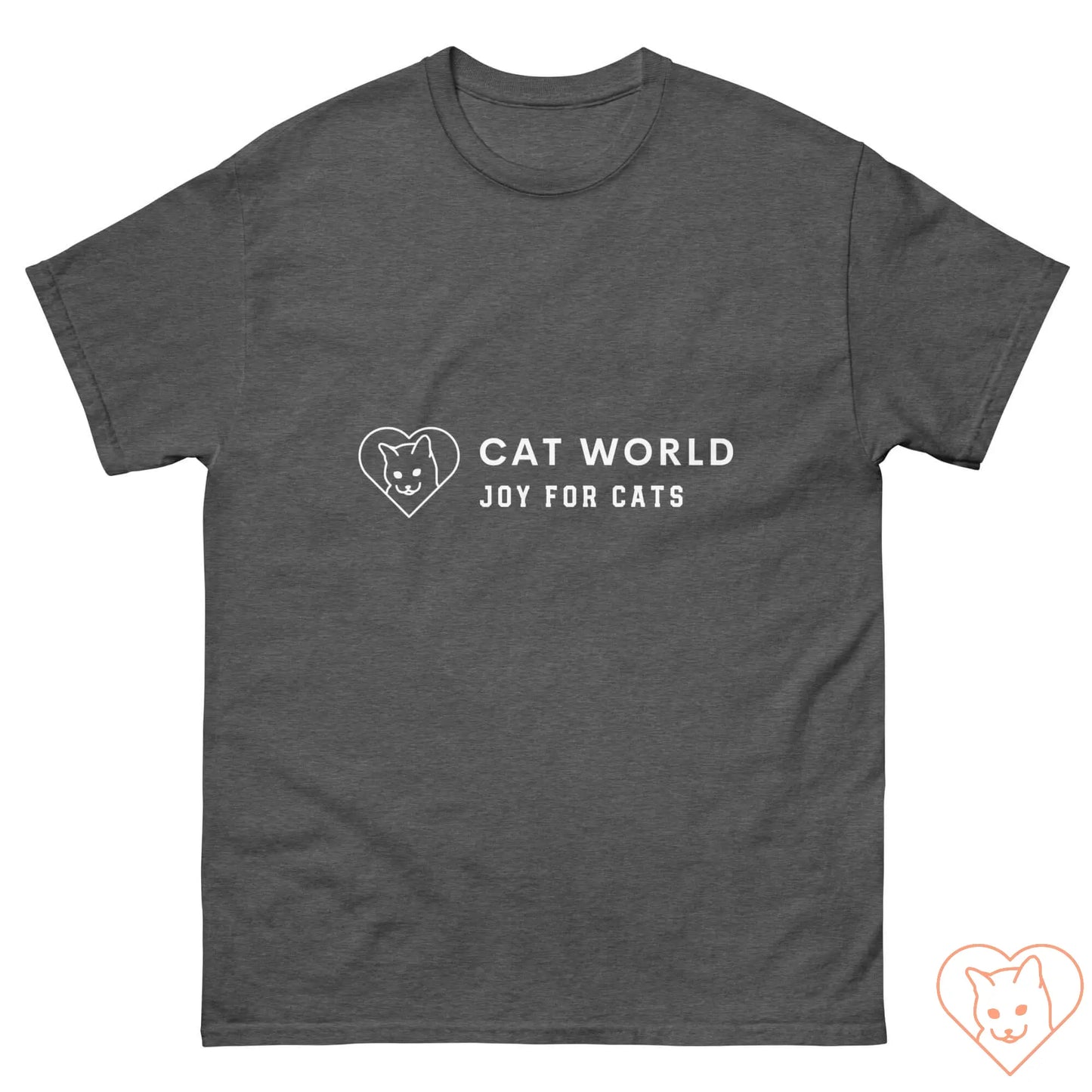 Unisex classic tee in charcoal gray featuring White Cat World logo with heart design, perfect for cat lovers.