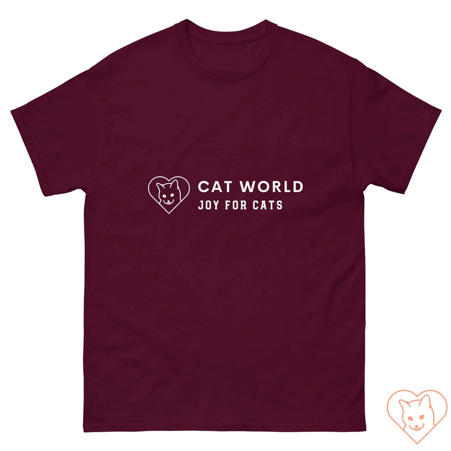 Unisex classic burgundy tee featuring Cat World logo with heart and text "JOY FOR CATS". Perfect for cat lovers.