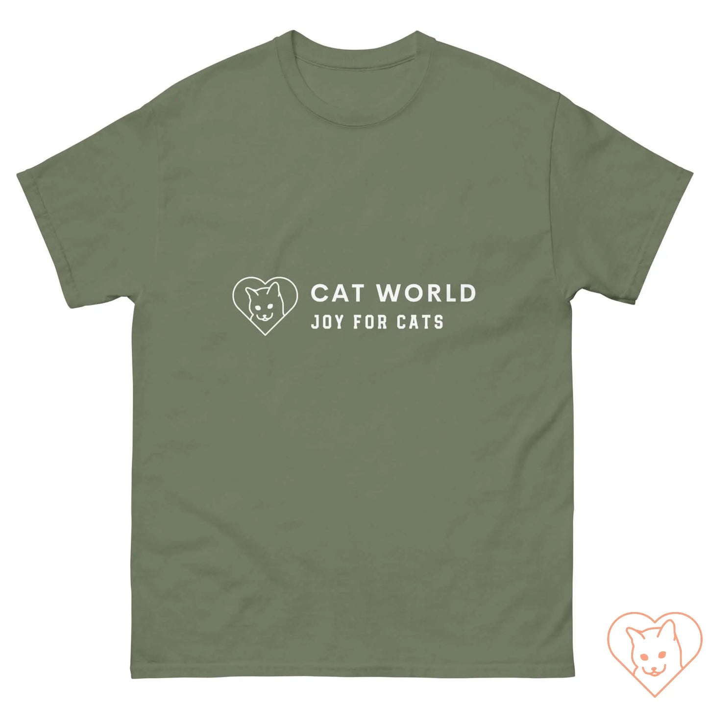 Unisex classic tee in olive green featuring the Cat World logo and "Joy for Cats" text, perfect for cat lovers.