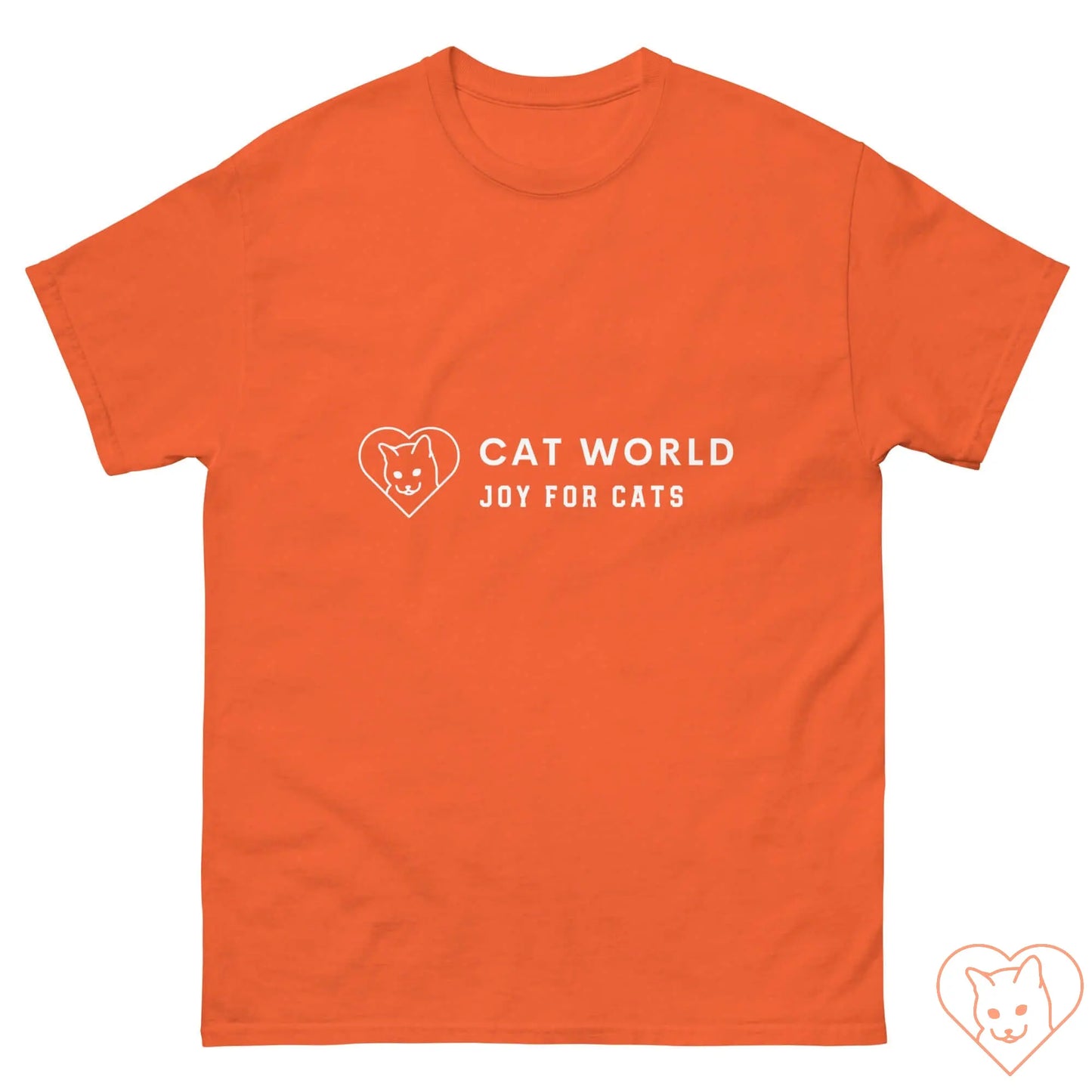 Unisex orange classic tee featuring Cat World logo with a heart, promoting joy for cats and stylish comfort.