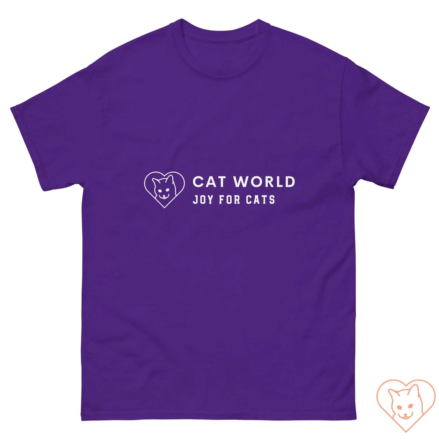 Unisex purple t-shirt featuring Cat World logo and slogan "Joy for Cats," perfect for cat lovers and casual wear.