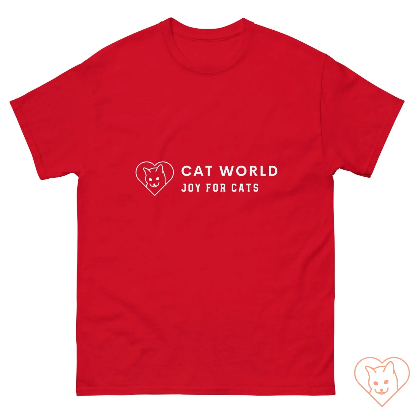 Unisex red classic tee featuring Cat World logo and slogan "Joy for Cats" for cat lovers and casual wear.