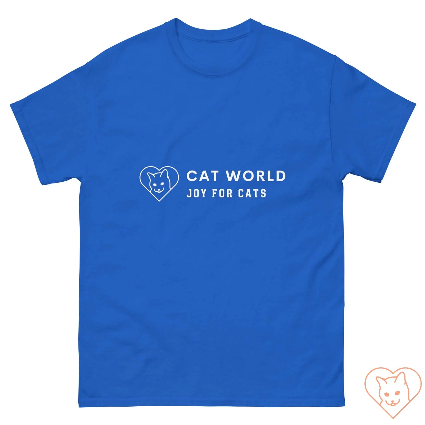 Blue unisex classic tee featuring the Cat World logo with the text "Joy for Cats" in white. Perfect for cat lovers.