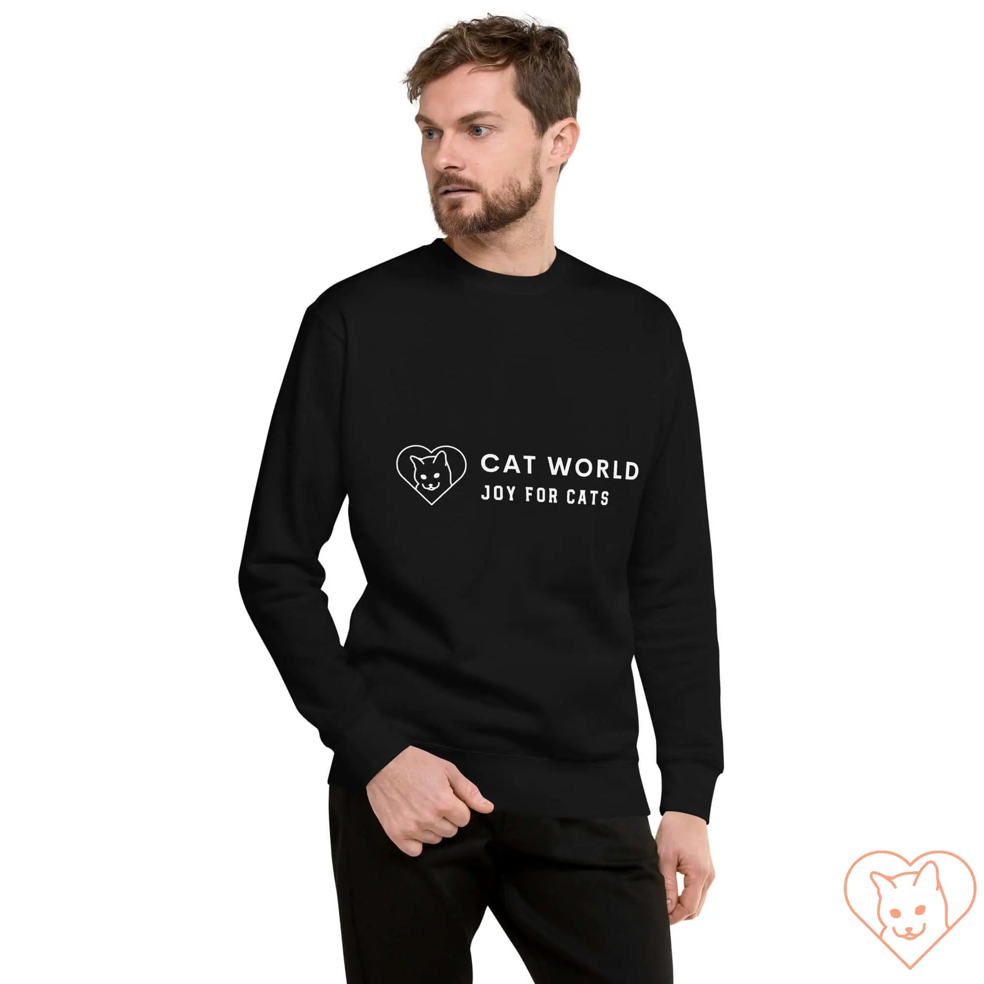 Unisex black sweatshirt with "Cat World Joy for Cats" graphic, featuring a crew neck and long sleeves, perfect for cat lovers.