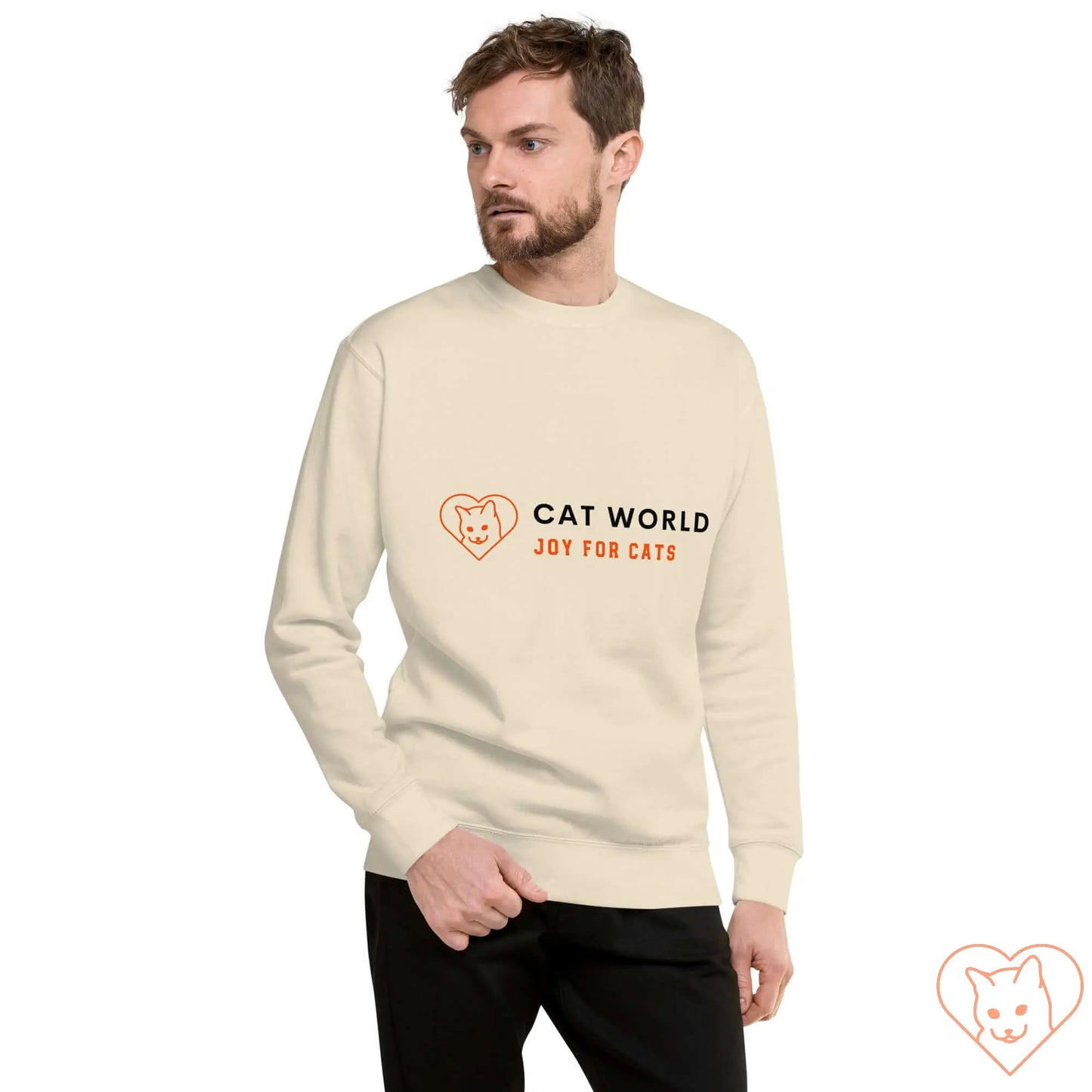 Unisex premium sweatshirt with "Cat World" graphic, featuring ribbed crew neck, long sleeves, and a comfortable fit.