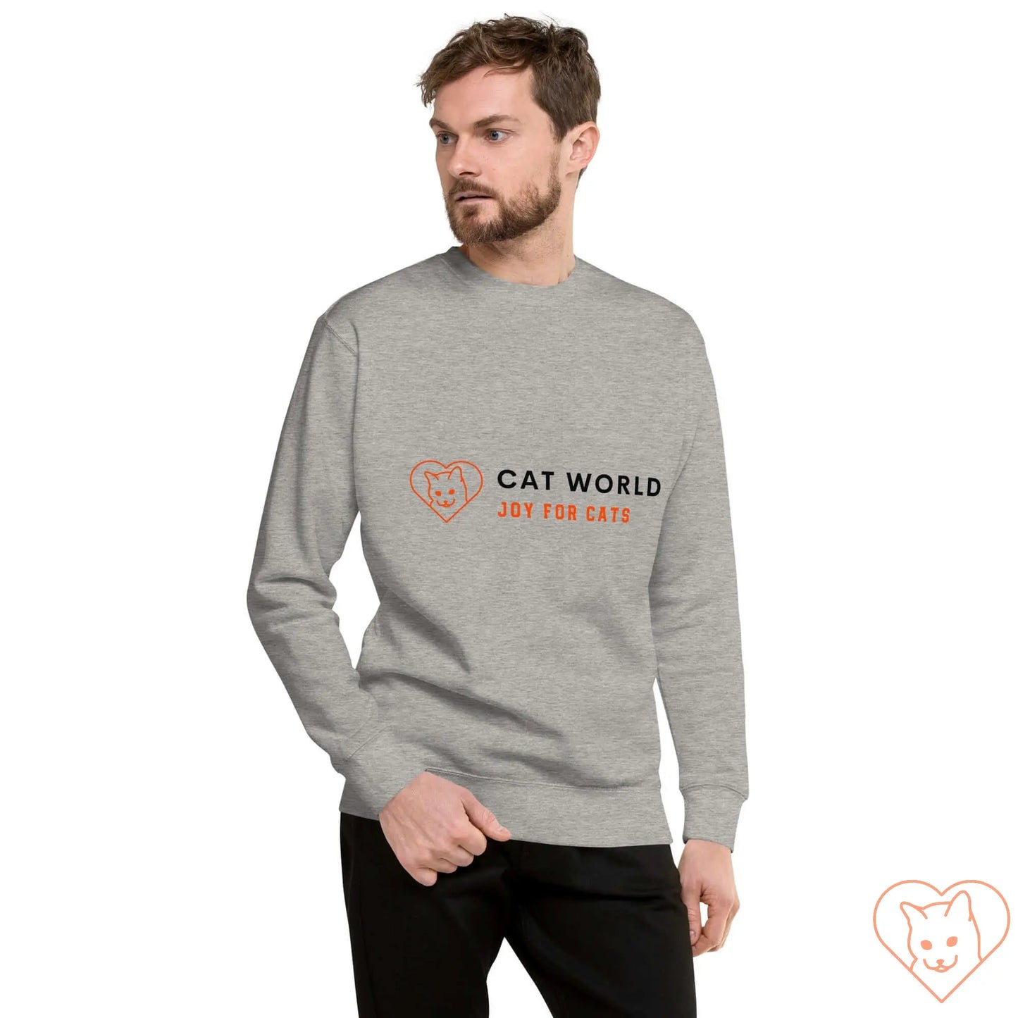 Unisex premium sweatshirt in gray featuring "Cat World" design, perfect for casual streetwear and everyday comfort.