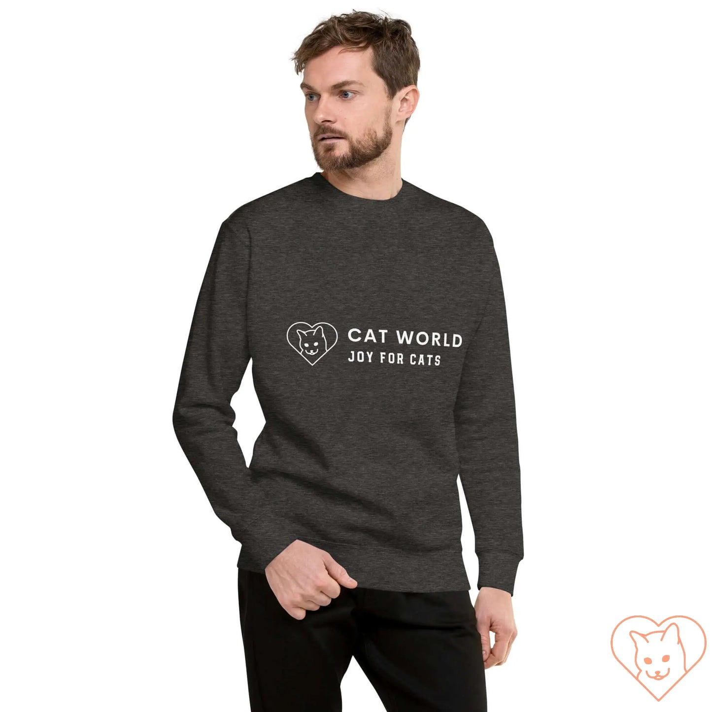 Unisex premium sweatshirt with Cat World logo, featuring a cozy charcoal design and classic crew neck style.