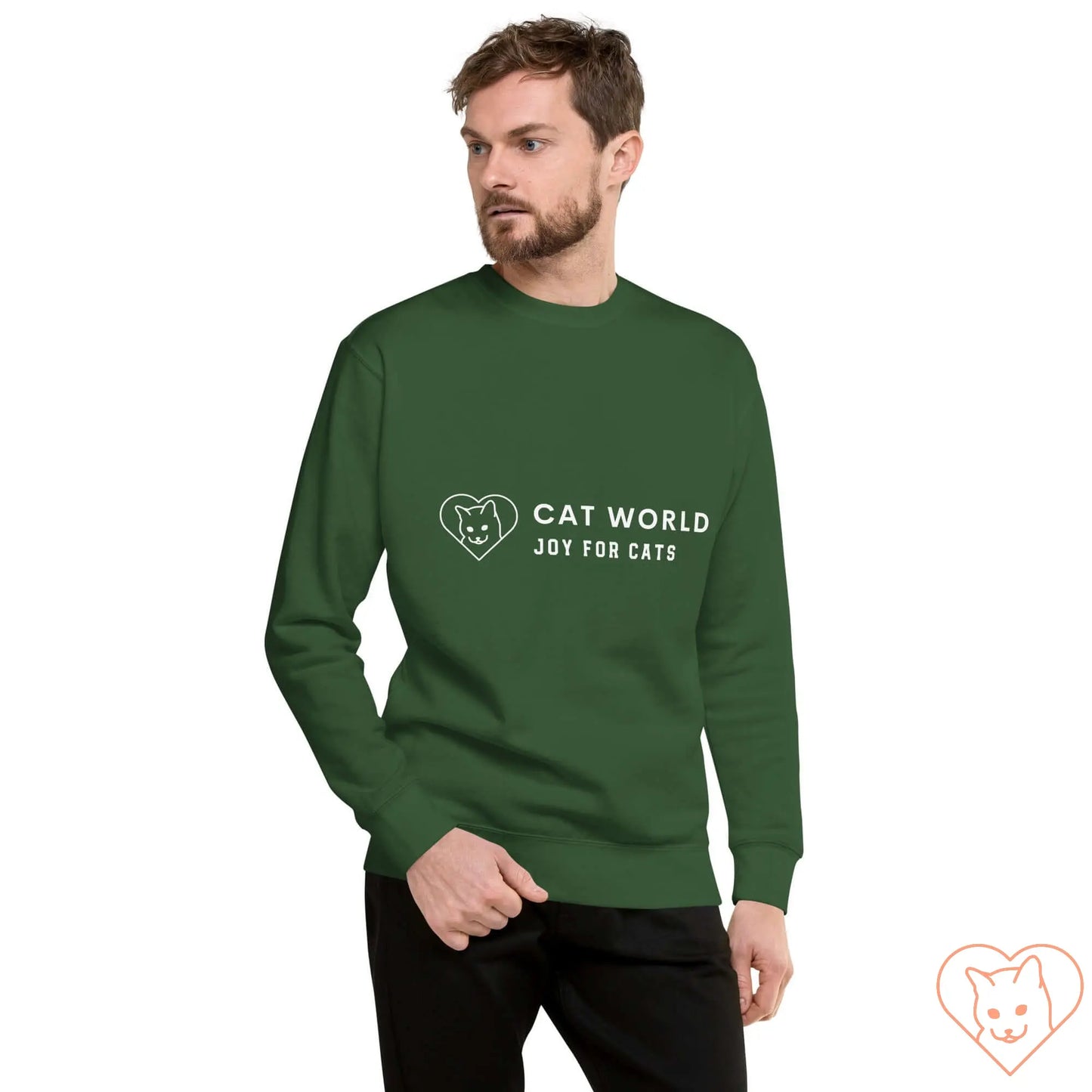 Unisex green sweatshirt featuring 'Cat World Joy for Cats' print, perfect for casual streetwear style and comfort.